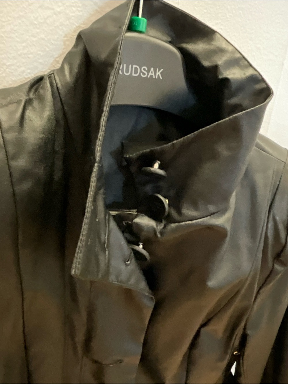 RUDSAK Faux Black Leather Trench Coat with Toggle Closure